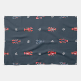 Lobster and Sea Coral Pattern on Navy Kökshandduk