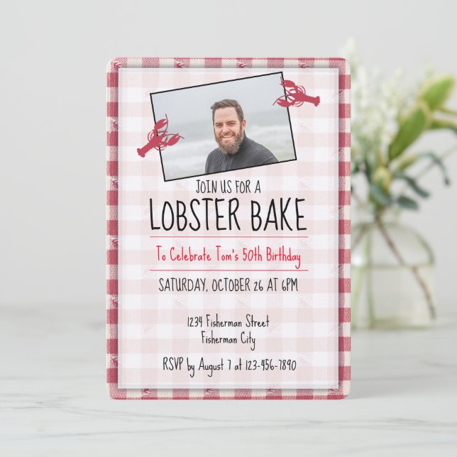 Lobster Bake Red & White Birthday Inbjudan Photo (Stående Fram)