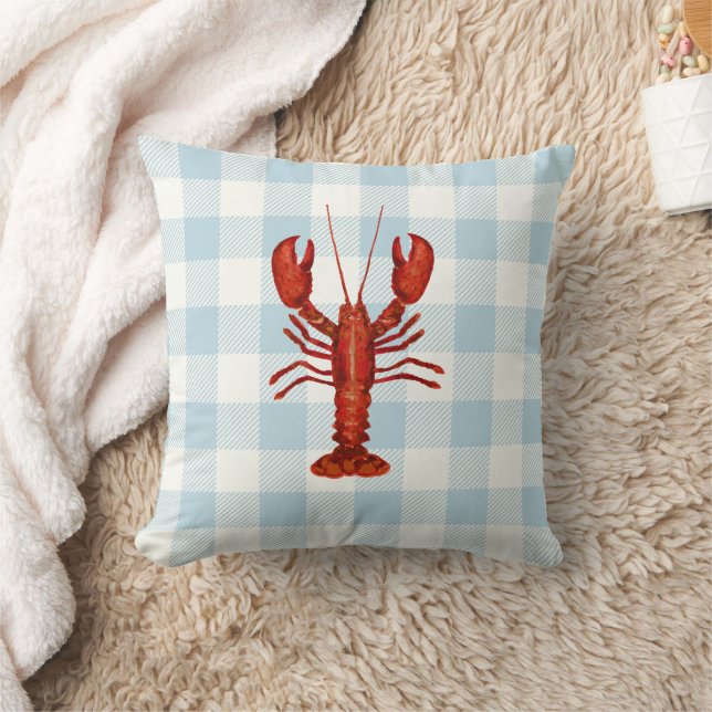 Lobster Blue Gingham Check Coastal Kudde (Filt)