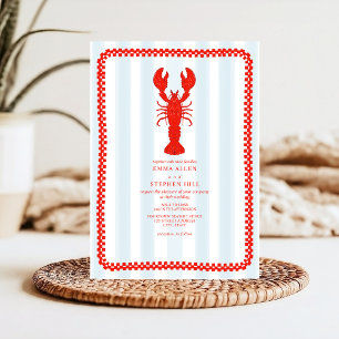 Lobster Blue Rand Checkerboard Nautical Bröllop Inbjudningar