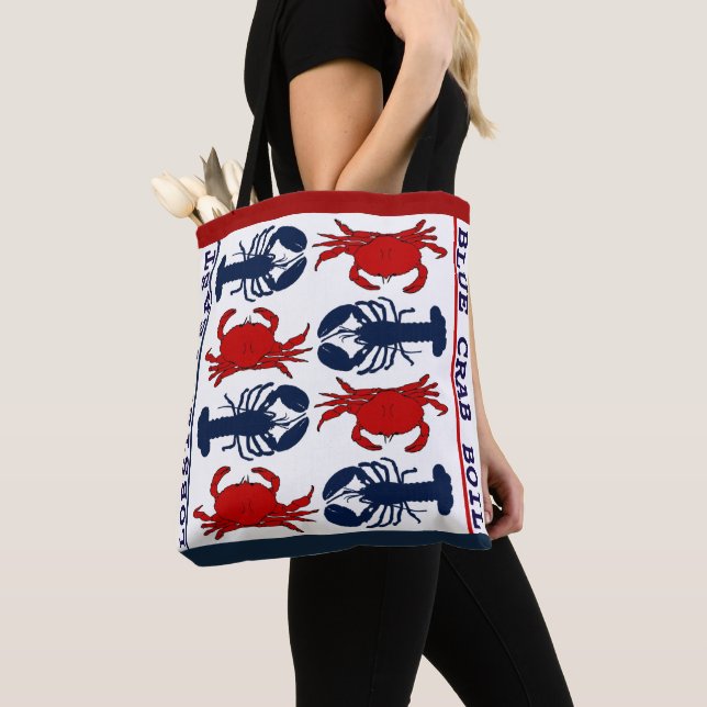 Lobster Crab Rött vitt blått Trasa Tote Bag Tygkasse (Närbild)