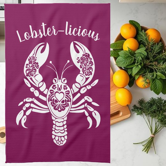 Lobster-Hawaiian-Fisherman Core-Vin Färg Kökshandduk (Lobster-Lobster-licious-Hawaiian-Tropical-Fisherman Core-Kitchen Towel-Wine Color)