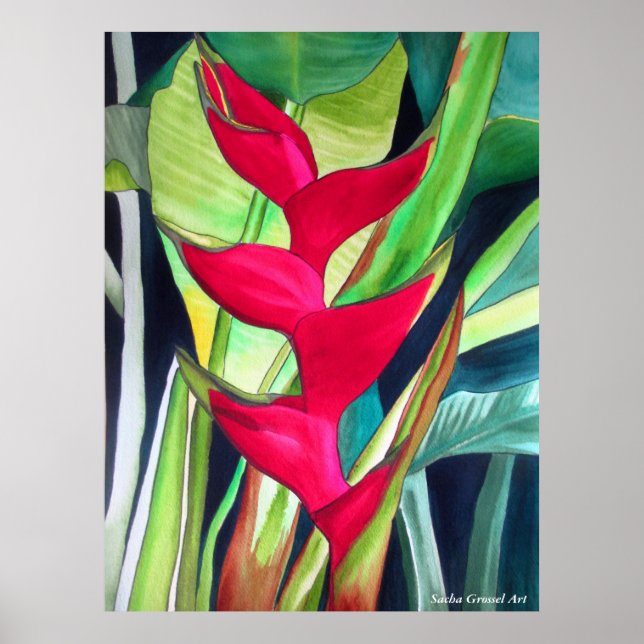 Lobster Klo Heliconia tropiska vattenfärgsblommor Poster (Framsidan)
