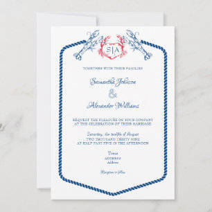 Lobster Nautical Monogram Script Navy Bröllop Inbjudningar