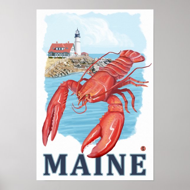 Lobster och Portland Lighthouse Scene Poster (Framsidan)