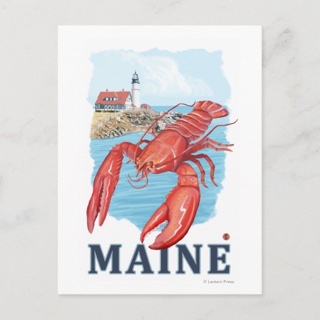 Lobster och Portland Lighthouse Scene Vykort (Framsida)