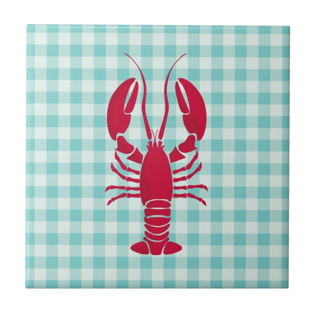 Lobster på Blue Gingham Kakelplatta (Framsidan)