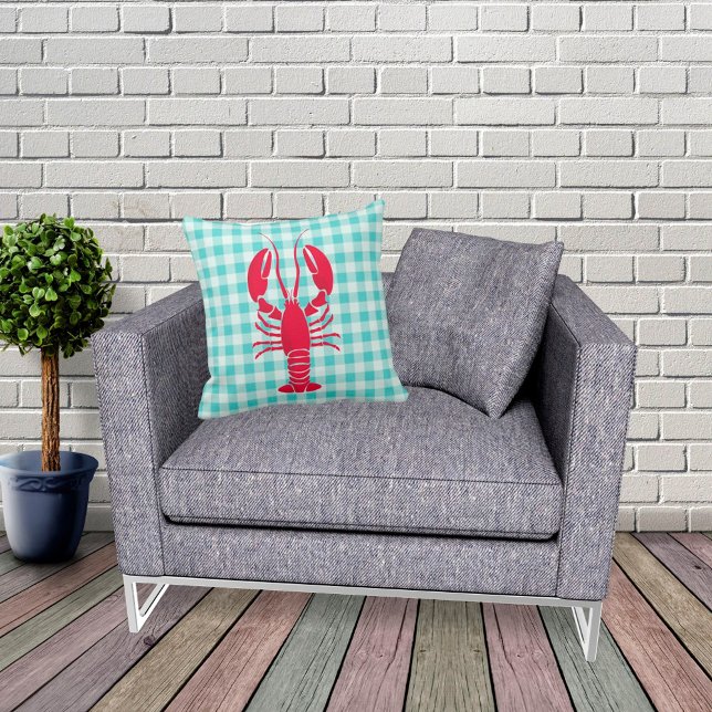 Lobster på Blue Gingham Kudde (Skapare uppladdad)