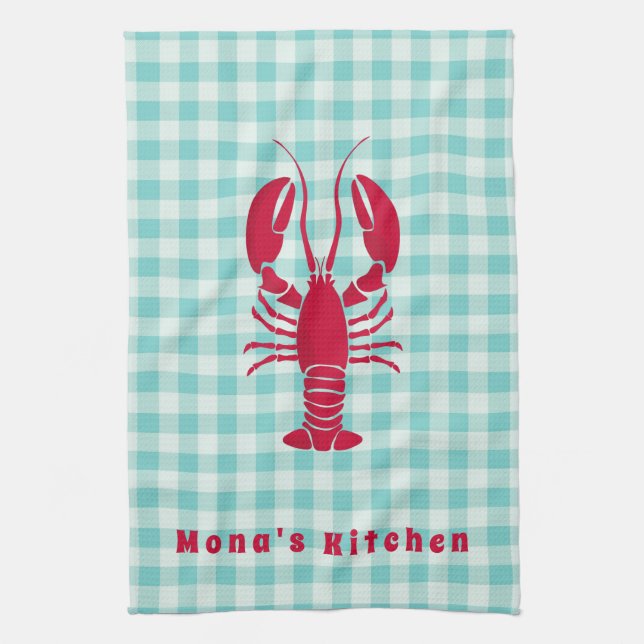 Lobster på Blue Gingham Personlig Kökshandduk (Vertikal)