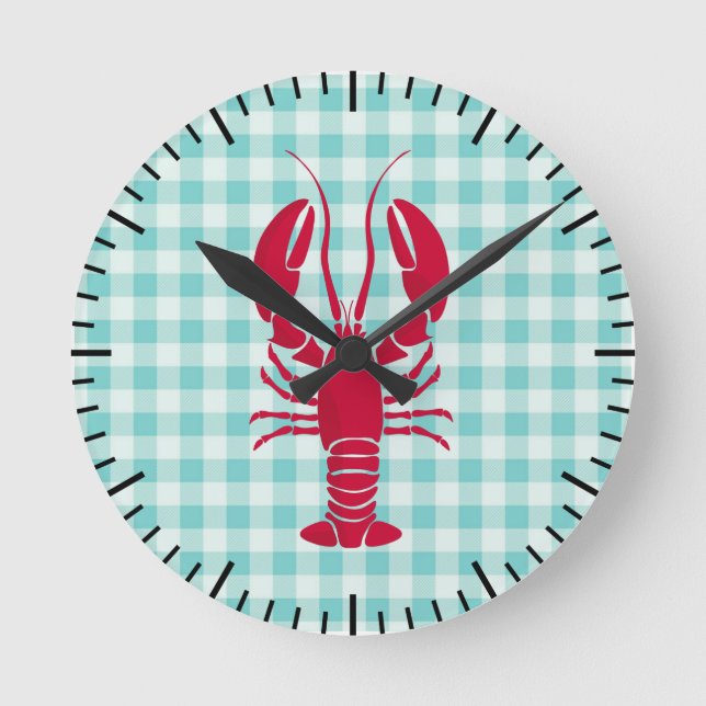 Lobster på Blue Gingham Rund Klocka (Framsida)