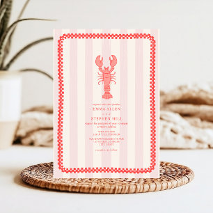 Lobster Rosa Rand Checkerboard Nautical Bröllop Inbjudningar