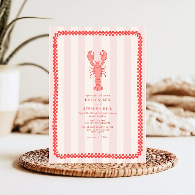 Lobster Rosa Rand Checkerboard Nautical Bröllop Inbjudningar (Skapare uppladdad)