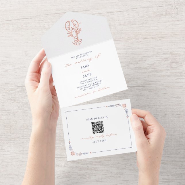 Lobster Rustic Beach Wedding Red & Blue QR OSA (Tearaway)