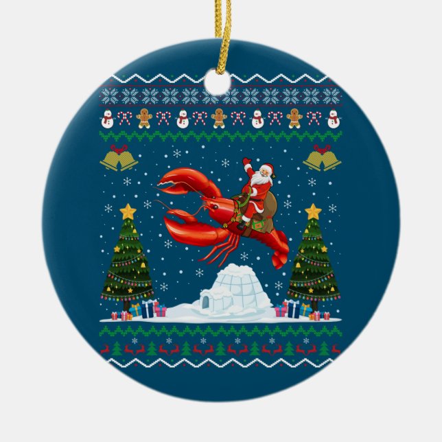 Lobster Ugly Julafton Gift Santa Riding Lobster Kr Julgransprydnad Keramik (Framsidan)
