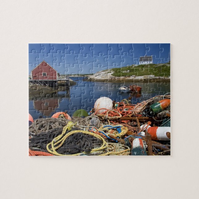Lobsterpots, bojar och rep på dockan vid pussel (Horisontell)