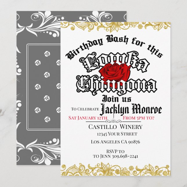 Loca Chingona Chola Födelsedagsfest inbjudan (Fram/baksida)