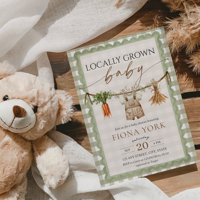 Locally Grown Baby Farmer's Market Green Gingham Inbjudningar (Locally Grown Baby Shower Invitation Sage Green Gingham Farmer's Market Boy Baby Shower)