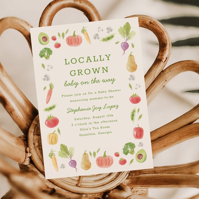 Locally Grown Farmer's Market Veggies Baby Shower Inbjudningar (Locally Grown baby shower invitation with hand-drawn watercolour vegetables)
