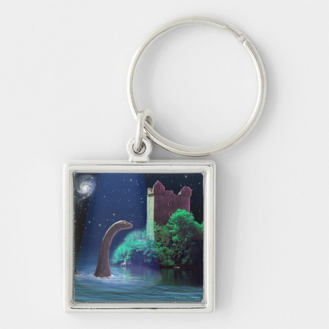 Loch Ness 2 Fyrkantig Silverfärgad Nyckelring (Framsidan)