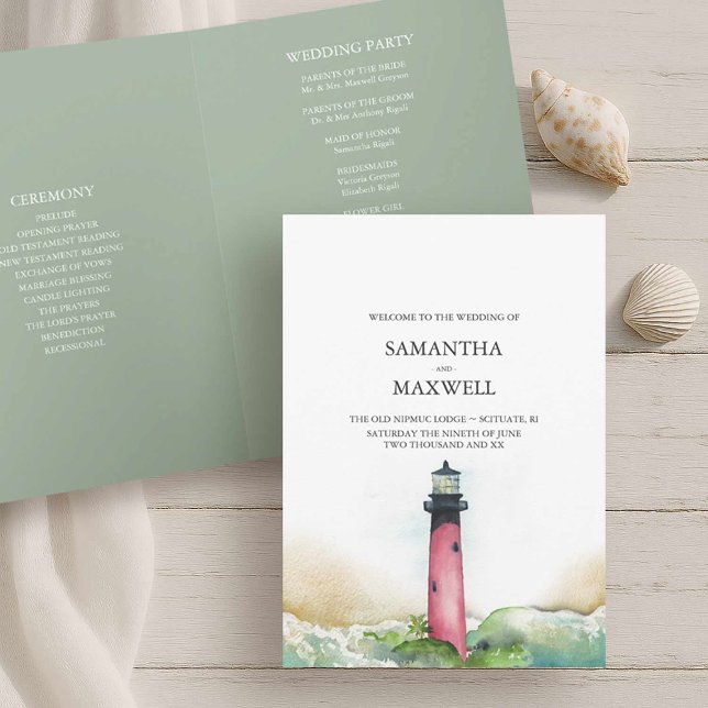 Lock för Beach Wedding Program Templates fyr (Wedding program beach wedding in Florida shows watercolor Jupiter Lighthouse Victoria Grigaliunas)
