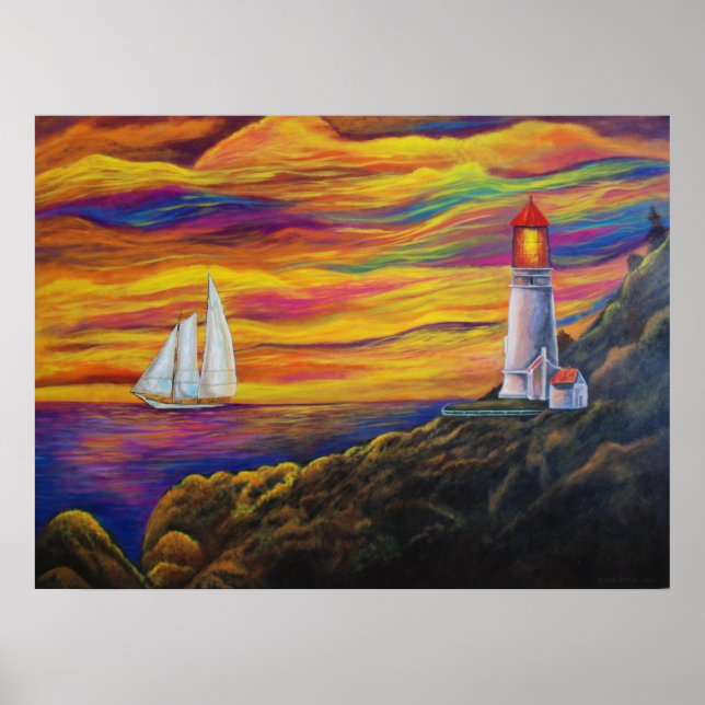 Lock vid Sunset Sailboat Landcape Mountain Poster (Framsidan)
