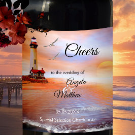 Lock Vin-etikett för fyr Nautical Beach Wedding Vinflaska Etikett