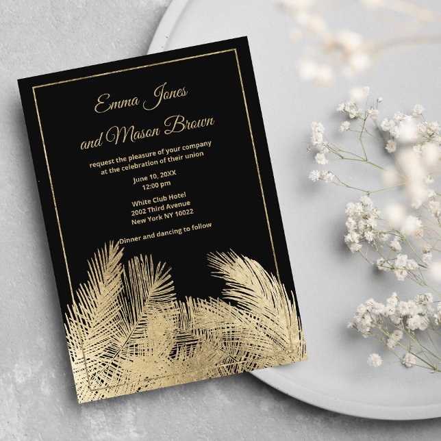 Locksvart guld handflatan träd tropiska Bröllop Inbjudningar (Luxury black gold palm tree tropical Wedding)