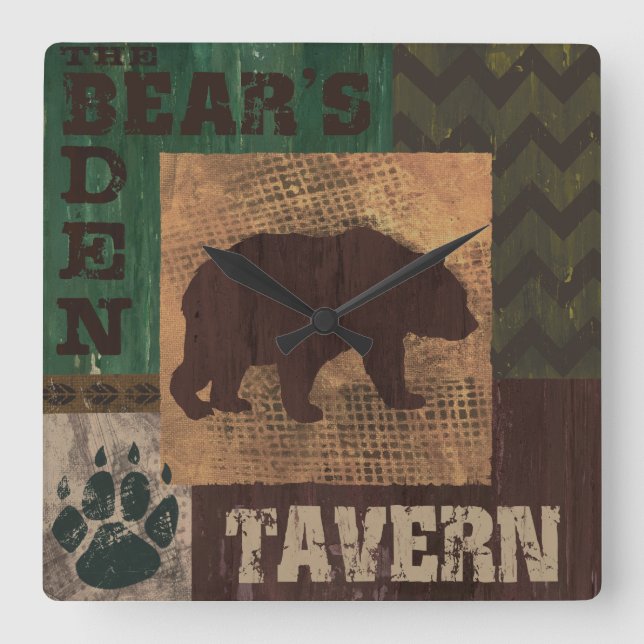 Lodge Stil Bear Rustic Clock Fyrkantig Klocka (Framsida)