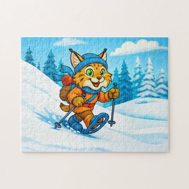 Lodjur på en vinterpromenad med snöskor pussel (Horisontell)