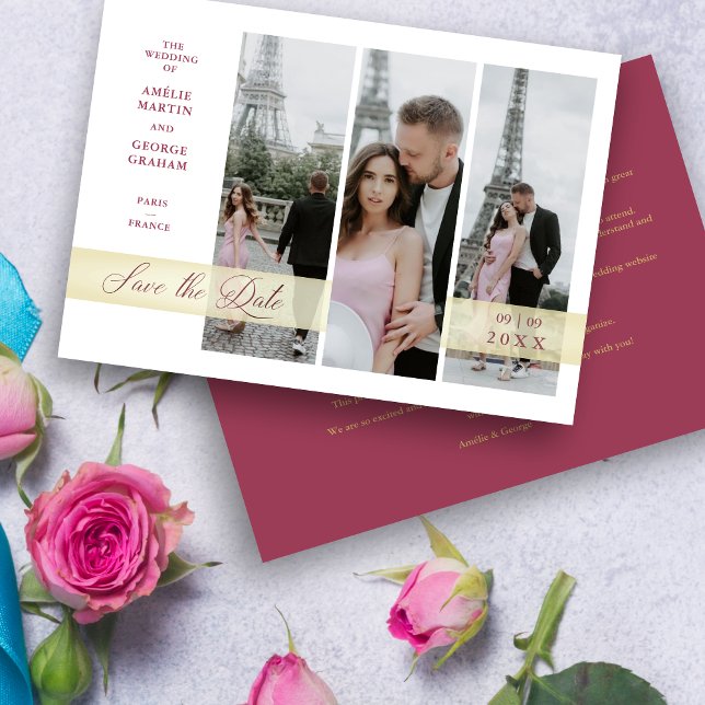 Lodrät 3 Photos Collage Handskriftlig Chic-skript (Original Collage Vertical 3 Multi Photos Elegant Handwritten Script Save the date Card.)