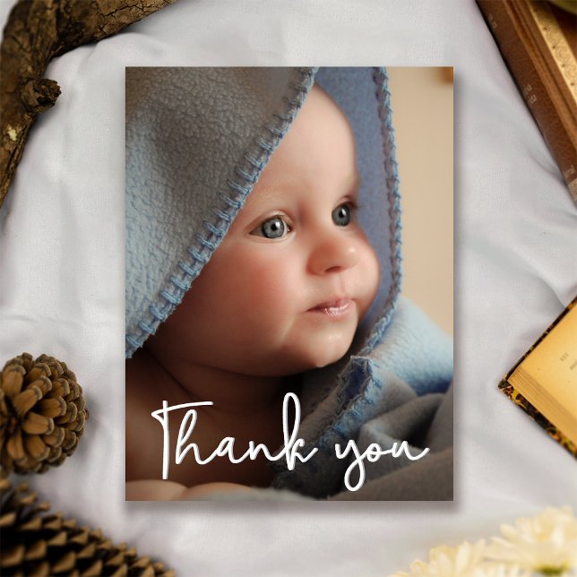 Lodrät Baby Photo Birth Notice Tack Vykort (Modern Script Baby shower thank you birth announcement postcard.)