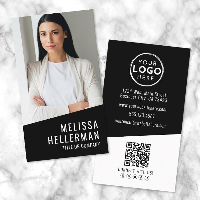 Lodrät Black Modern Photo QR Code Logotyp Visitkort (Black Modern Photo QR Code Logo Vertical Business Card)