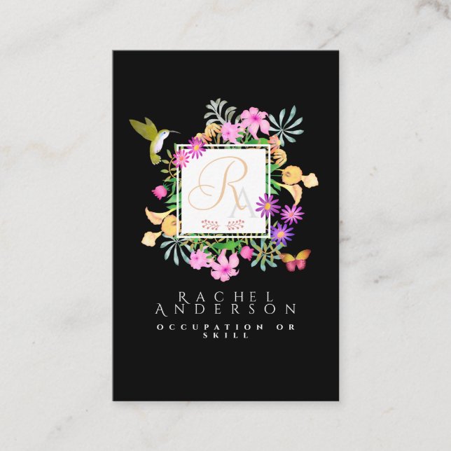 Lodrät blommigt Garden Black Visitkort (Framsida)
