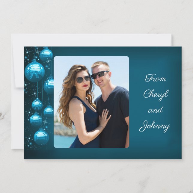 Lodrät Blue Ornaments - personligt foto-meddelande Julkort (Framsida)