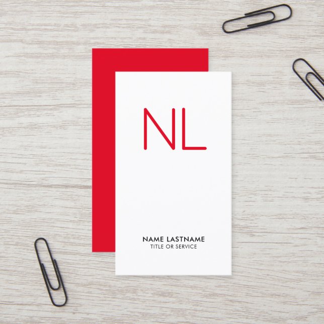 Lodrät Bright Red Monogram Minimalistic White Visitkort (Fram/Back In Situ)