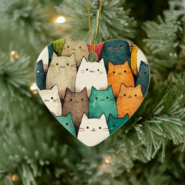 Lodrät Cats in Vibrant Tecknad Art Julgransprydnad Keramik (Träd)