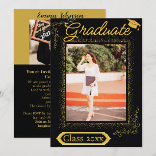 Lodrät Classy Guld & Black Photo Studenten Inbjudningar
