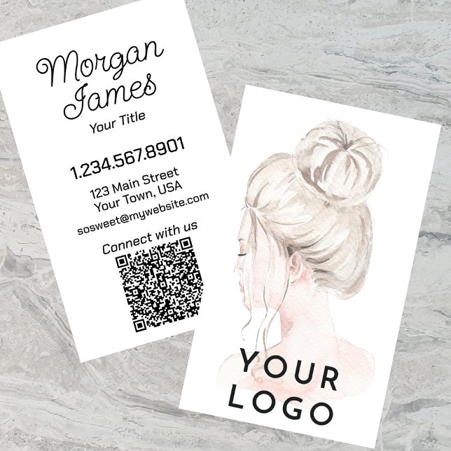 Lodrät elegant Vattenfärg Hair Stylist QR-kod Visitkort (Skapare uppladdad)
