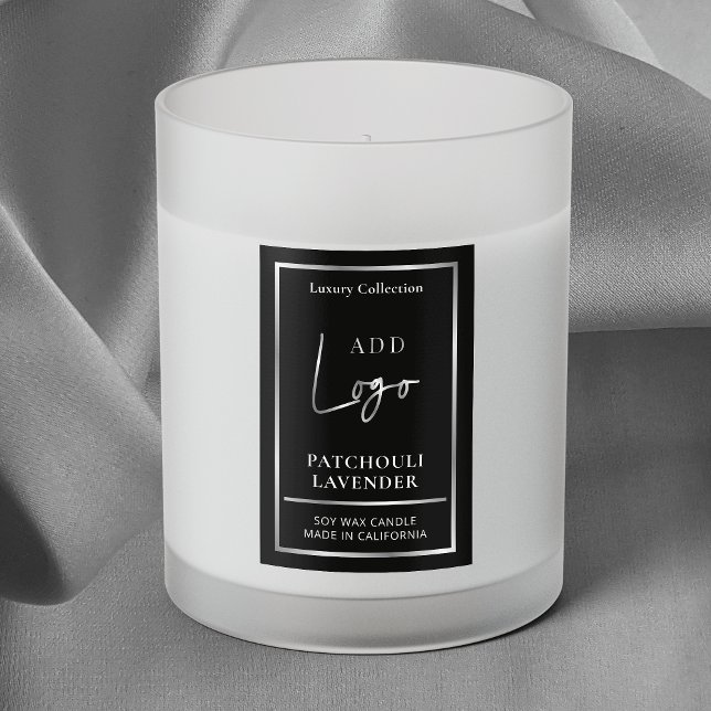 Lodrät-etikett för Elegant av svart och Silver-Log Mat Etikett (Modern vertical product label with black background and faux silver effects)