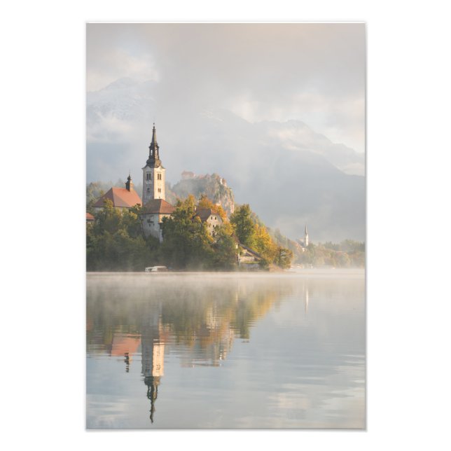Lodrät Foggy sunrise Sjö Bled  Fototryck (Framsidan)