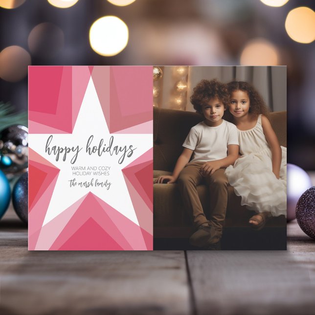 Lodrät Foto Modern Star - Rosa Red - Lycklig Julkort (Modern Christmas Photo Greeting Card)