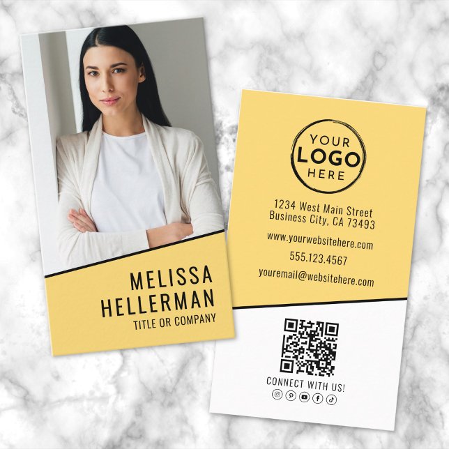 Lodrät gult Foto QR Code Company Logotyp Visitkort (Yellow Photo QR Code Company Logo Vertical Business Card)