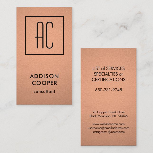 Lodrät Modern Monogram Copper Faux Foil & Black Visitkort (Fram/baksida)