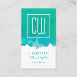 Lodrät Modern Monogram Elegant Watercolor Teal Visitkort