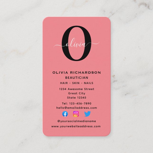Lodrät Monogram Namn Black White-Rosa Visitkort (Framsida)