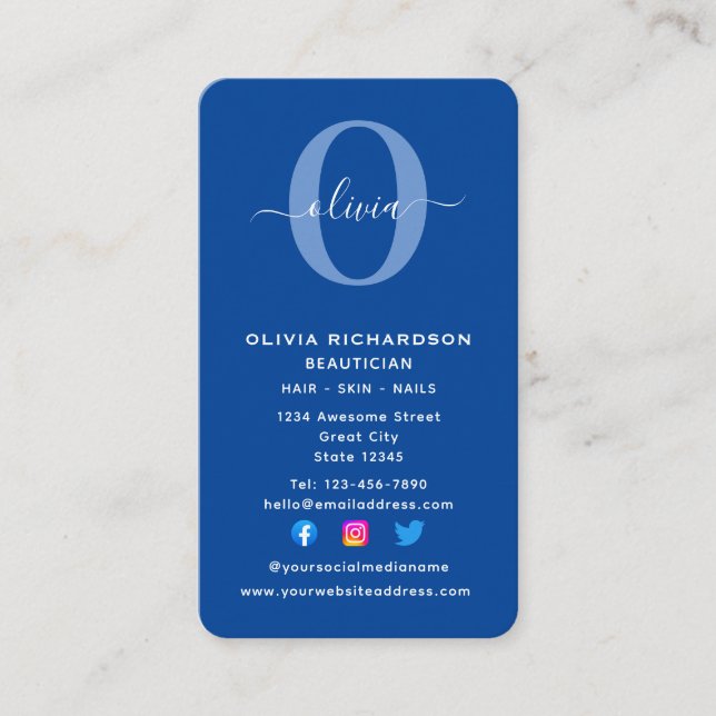 Lodrät Monogram Namn Blue White Girly Visitkort (Framsida)