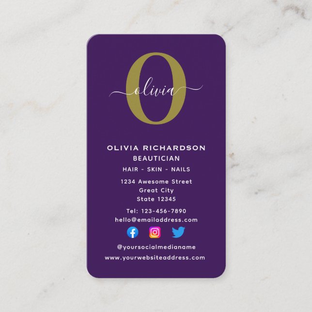 Lodrät Monogram Namn Lila White Guld Visitkort (Framsida)