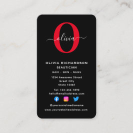 Lodrät Monogram skript Namn Black White Red Visitkort