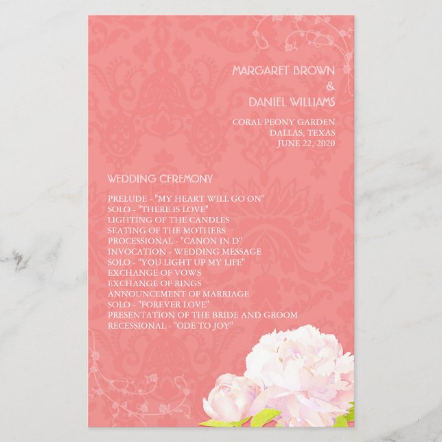 Lodrät Peony Theme Coral Bröllop (Framsida)