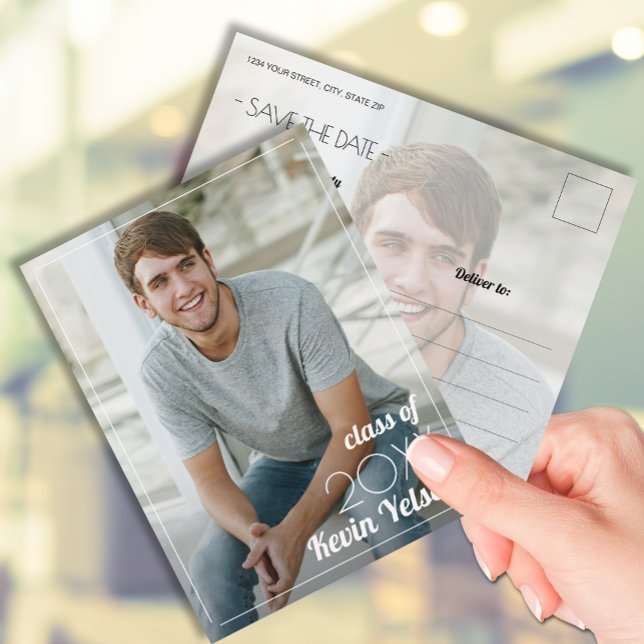 Lodrät Photo Studenten Spara datum Vykort (Photo graduation Save the Date postcards feature your details on the back)